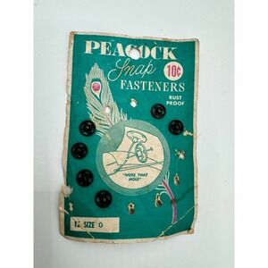Peacock Snap Fasteners Size 0 Black Vintage Sew-On Metal Rust Proof Notions